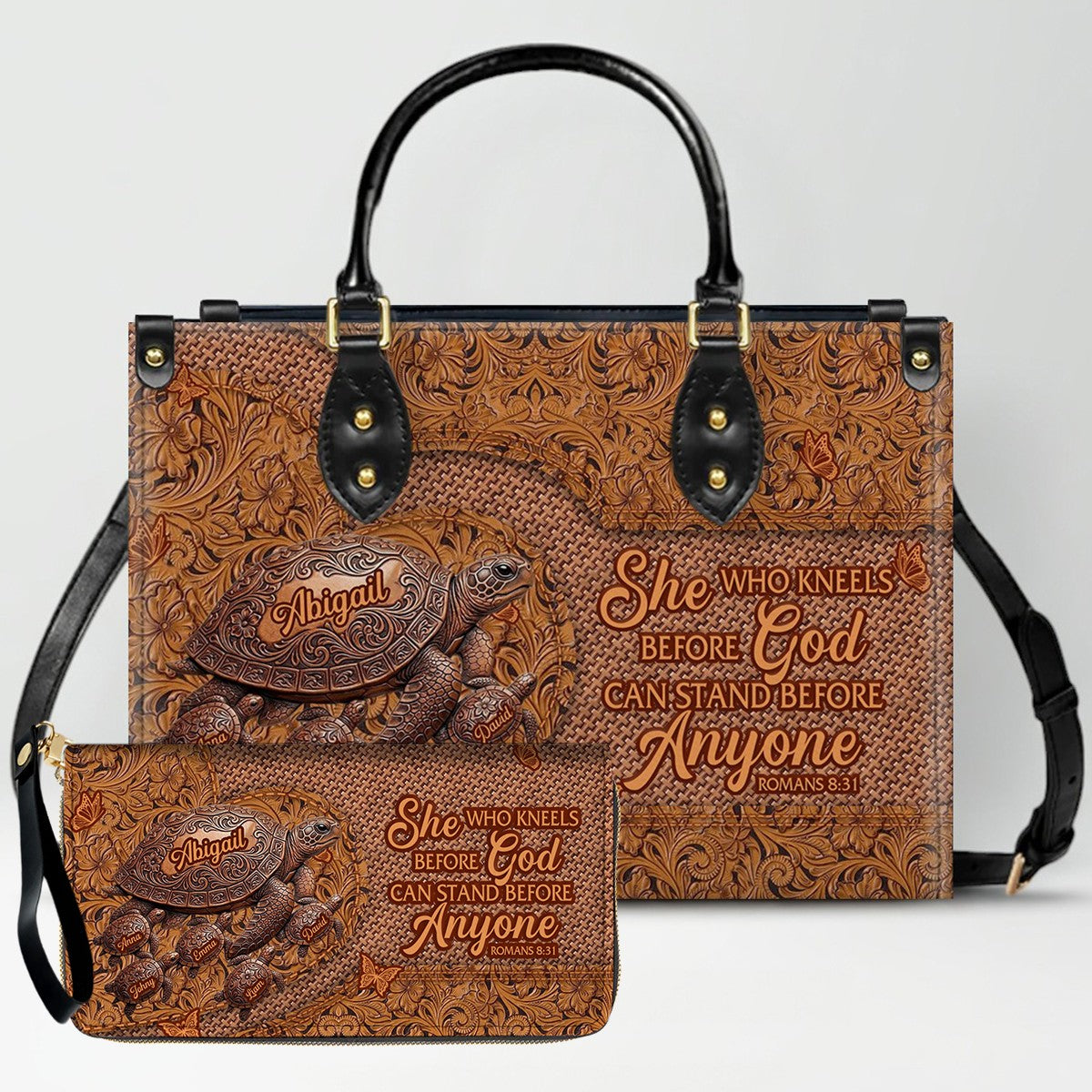 CHRISTIANARTBAG | Personalized Leather Handbag with Custom Names & Bible Verse - Western Tooled Turtle Design CAB0141626
