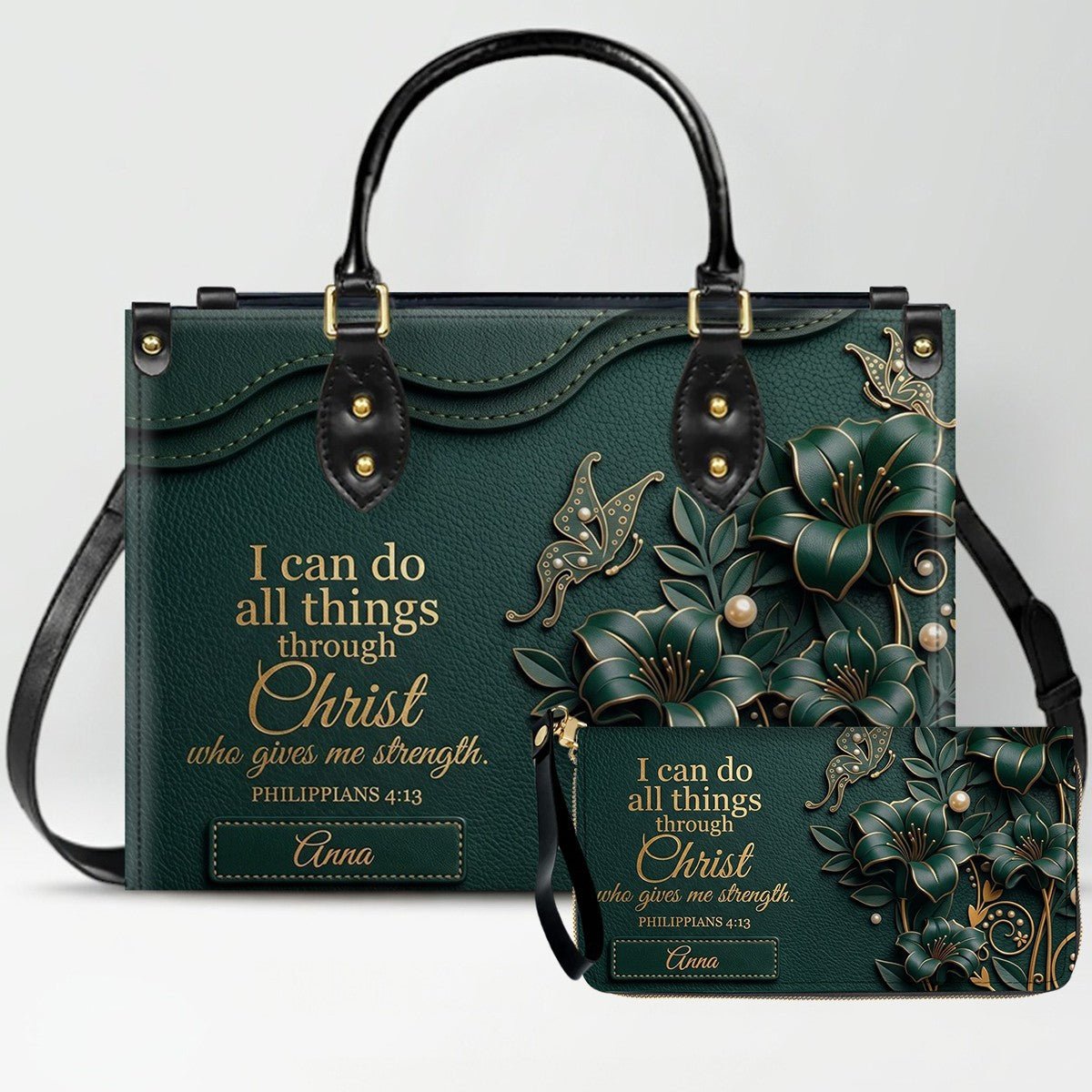 Personalized Leather Handbag - Custom Name Christian Bible Verse Philippians 4:13 Floral Butterfly Tote Bag | CHRISTIANARTBAG CA01101226