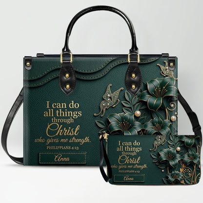 Personalized Leather Handbag - Custom Name Christian Bible Verse Philippians 4:13 Floral Butterfly Tote Bag | CHRISTIANARTBAG CA01100926