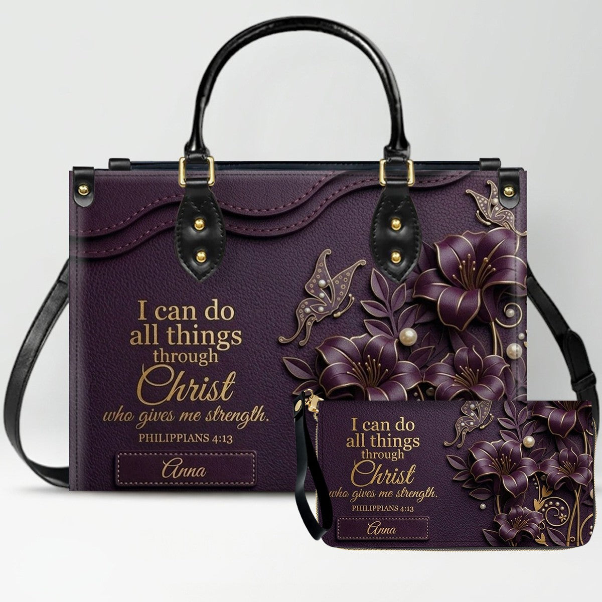 Personalized Leather Handbag - Custom Name Christian Bible Verse Philippians 4:13 Floral Butterfly Tote Bag | CHRISTIANARTBAG CA01101226