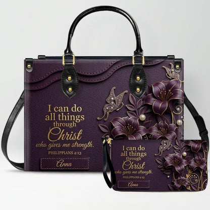 Personalized Leather Handbag - Custom Name Christian Bible Verse Philippians 4:13 Floral Butterfly Tote Bag | CHRISTIANARTBAG CA01100926
