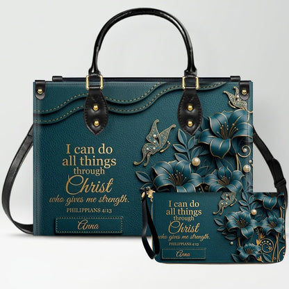 Personalized Leather Handbag - Custom Name Christian Bible Verse Philippians 4:13 Floral Butterfly Tote Bag | CHRISTIANARTBAG CA01101226