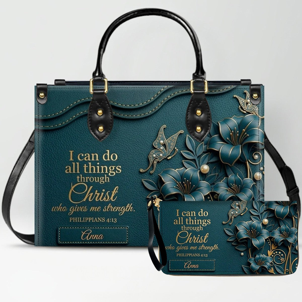 Personalized Leather Handbag - Custom Name Christian Bible Verse Philippians 4:13 Floral Butterfly Tote Bag | CHRISTIANARTBAG CA01100926