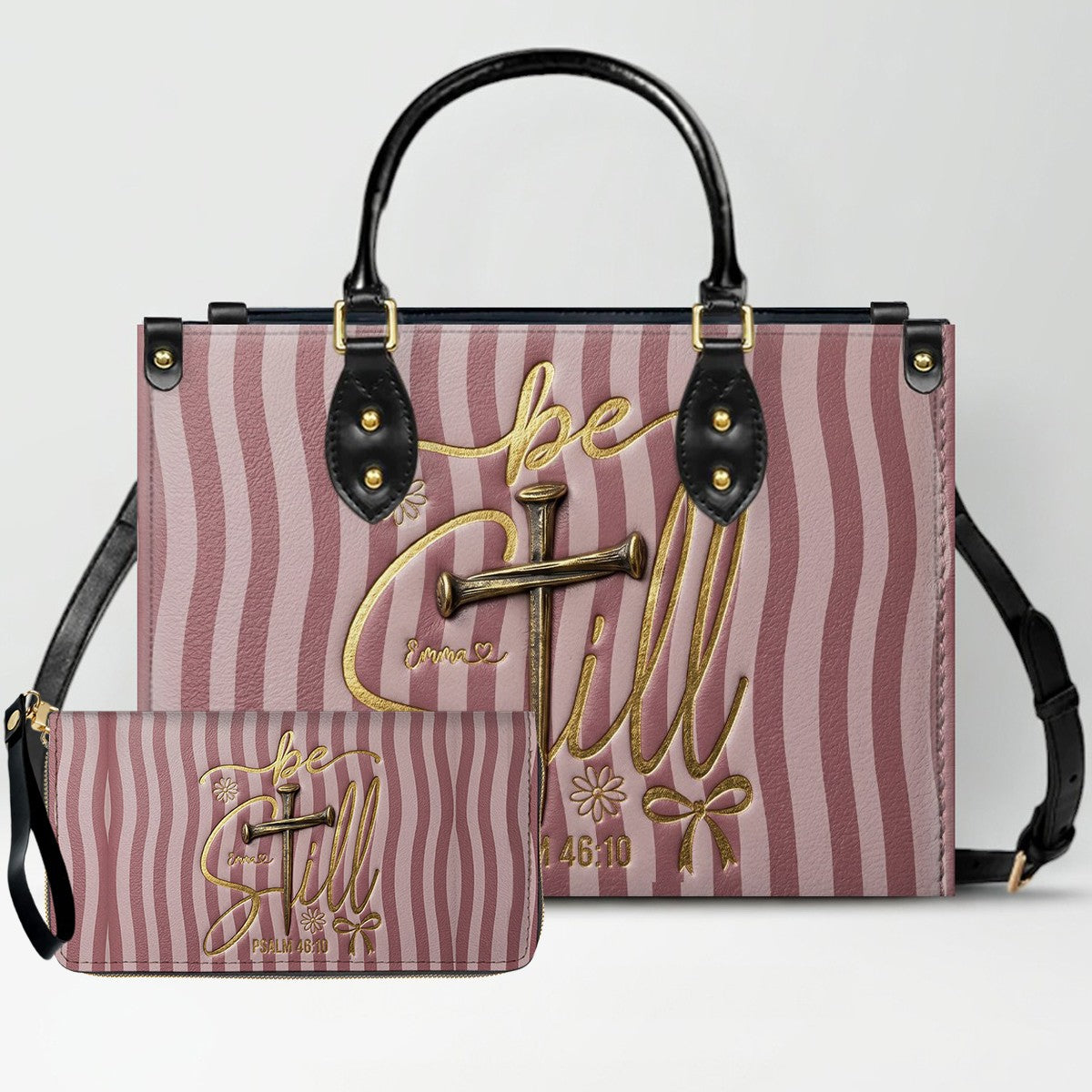 Personalized Be Still Psalm 46:10 Cross Leather Handbag for Women - CHRISTIANARTBAG | Custom Faith Purse in Pink CAB01101026