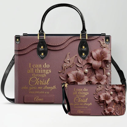 Personalized Leather Handbag - Custom Name Christian Bible Verse Philippians 4:13 Floral Butterfly Tote Bag | CHRISTIANARTBAG CA01101226