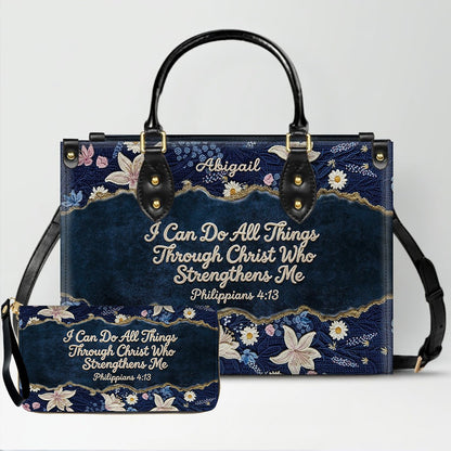Personalized Navy Leather Handbag by CHRISTIANARTBAG - Custom Embroidered Floral Tote with Philippians 4:13 - Unique Christian Gift for Her