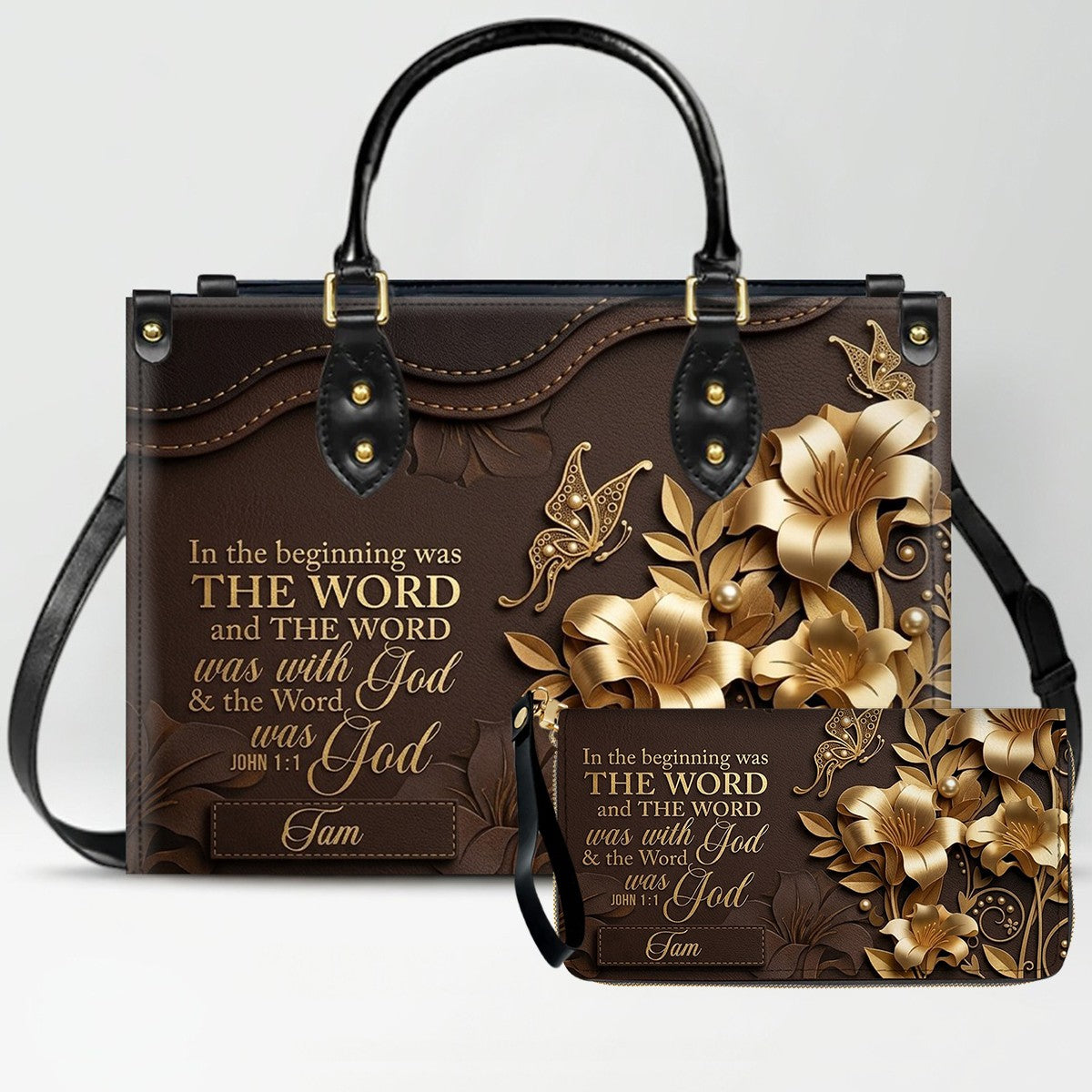 Custom Christian Leather Handbag with Name – John 1:1 Scripture Floral Purse | CHRISTIANARTBAG CA01100726