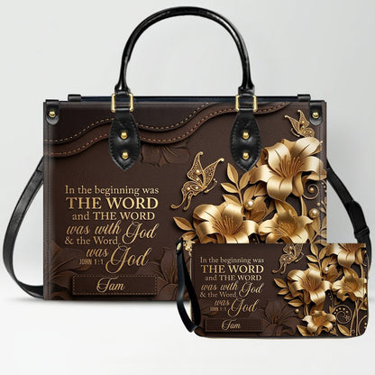 Custom Christian Leather Handbag with Name – John 1:1 Scripture Floral Purse | CHRISTIANARTBAG CA01100726
