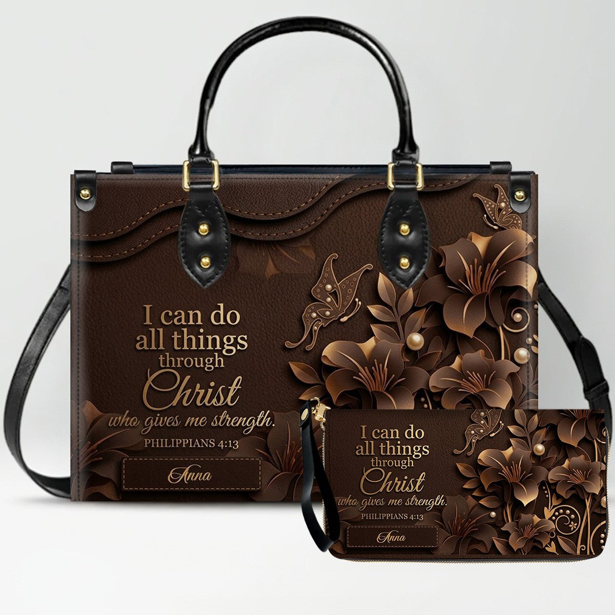 Personalized Leather Handbag - Custom Name Christian Bible Verse Philippians 4:13 Floral Butterfly Tote Bag | CHRISTIANARTBAG CA01101226