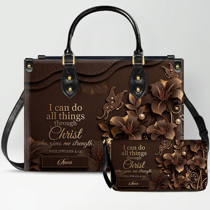 Personalized Leather Handbag - Custom Name Christian Bible Verse Philippians 4:13 Floral Butterfly Tote Bag | CHRISTIANARTBAG CA02100926