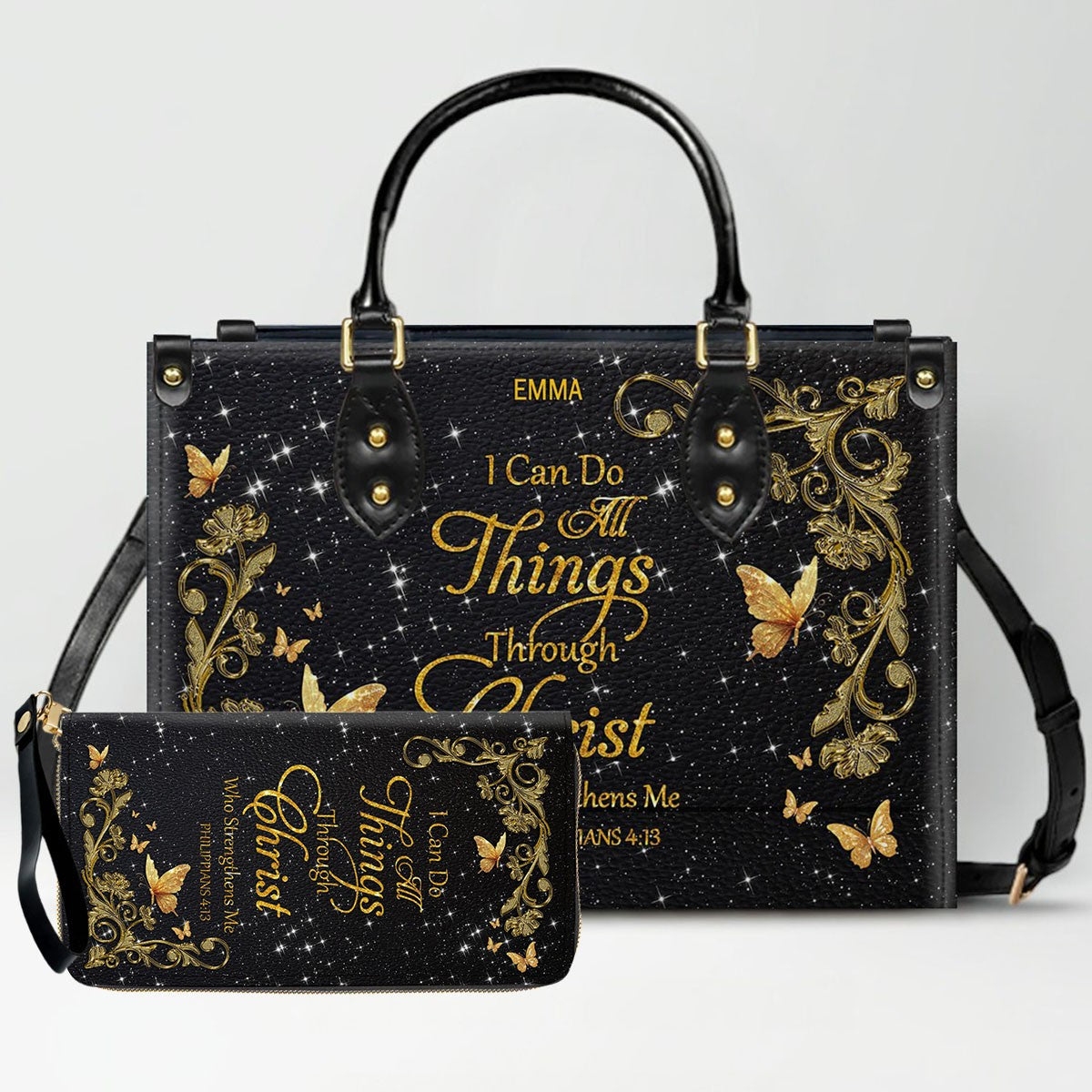 Personalized Christian Leather Handbag & Long Wallet Set | Custom Name & Bible Verse | ChristianArtBag CAB013126