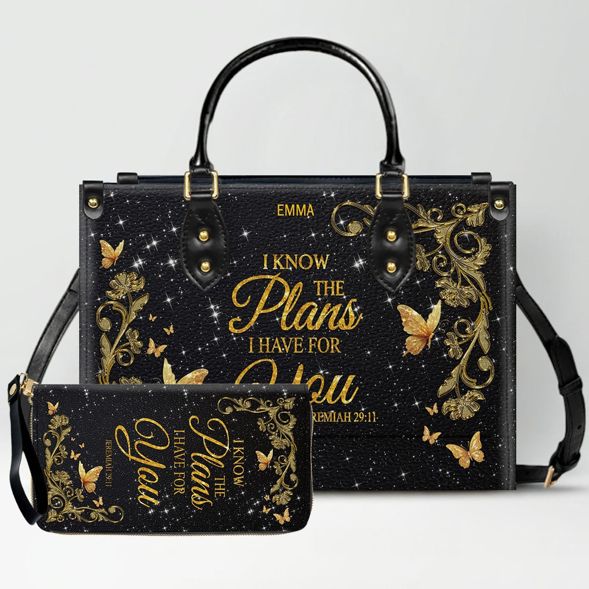 Personalized Christian Leather Handbag & Long Wallet Set | Custom Name & Bible Verse | ChristianArtBag CAB013126