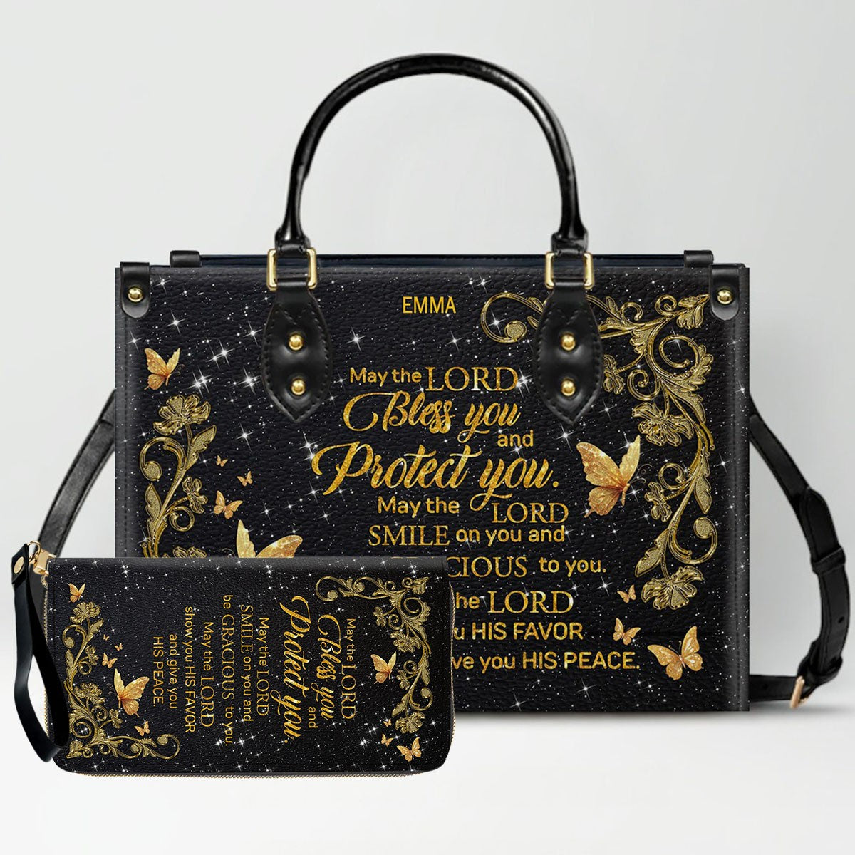 Personalized Christian Leather Handbag & Long Wallet Set | Custom Name & Bible Verse | ChristianArtBag CAB013126