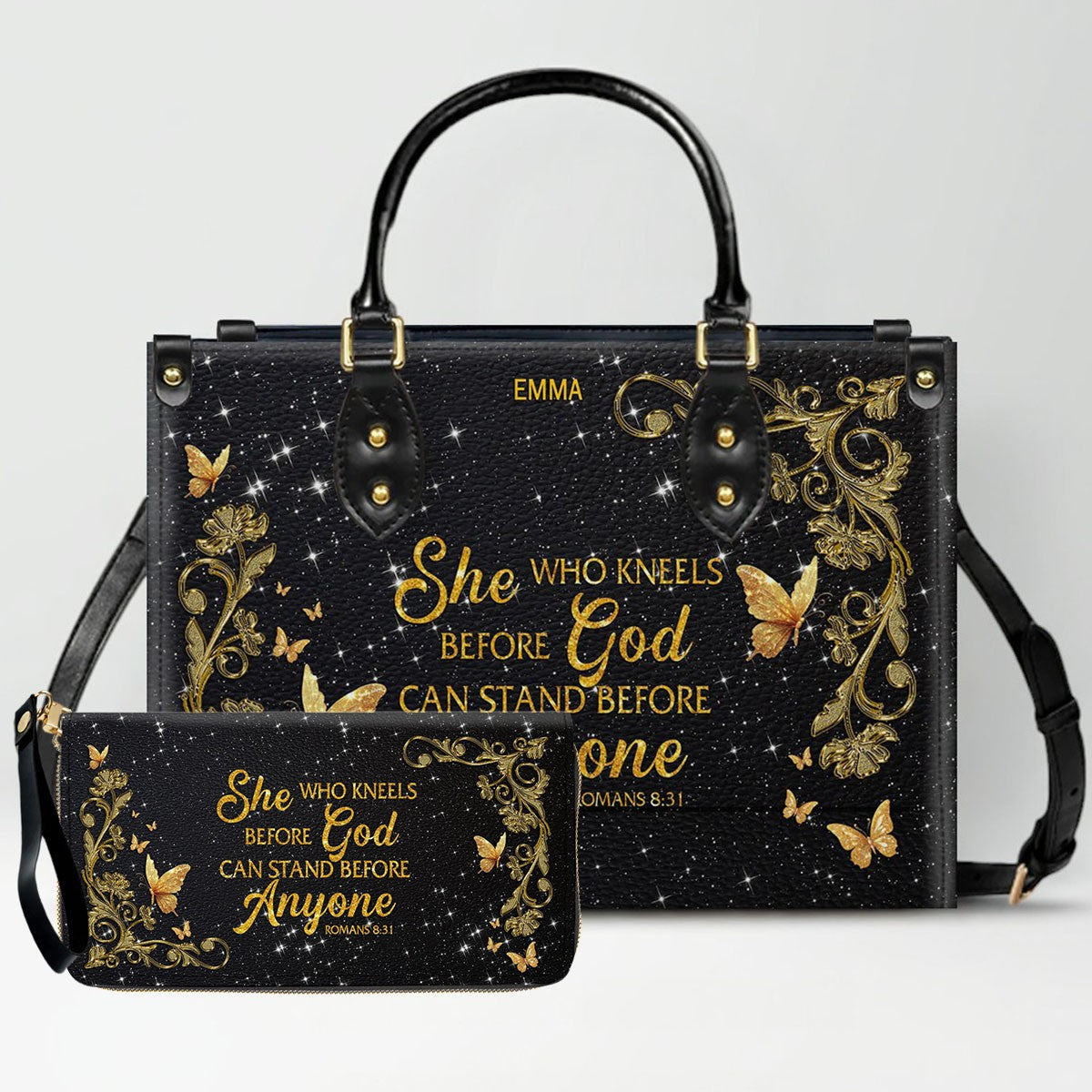 Personalized Christian Leather Handbag & Long Wallet Set | Custom Name & Bible Verse | ChristianArtBag CAB013126