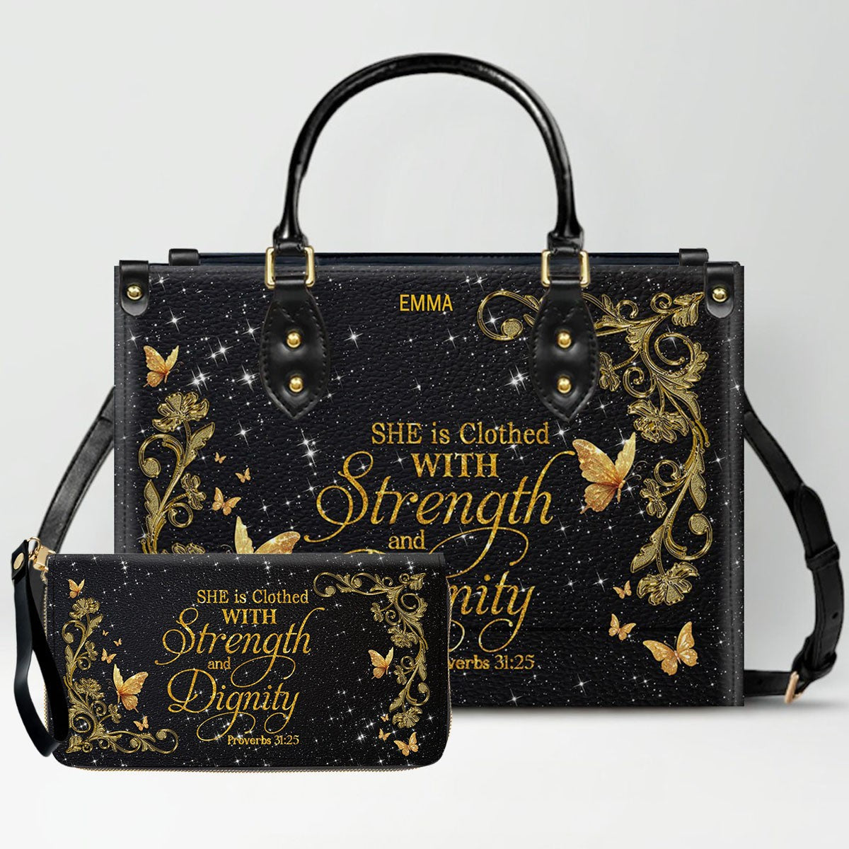 Personalized Christian Leather Handbag & Long Wallet Set | Custom Name & Bible Verse | ChristianArtBag CAB013126