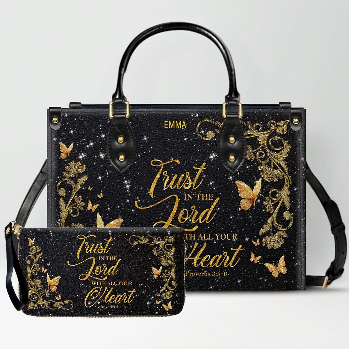 Personalized Christian Leather Handbag & Long Wallet Set | Custom Name & Bible Verse | ChristianArtBag CAB013126