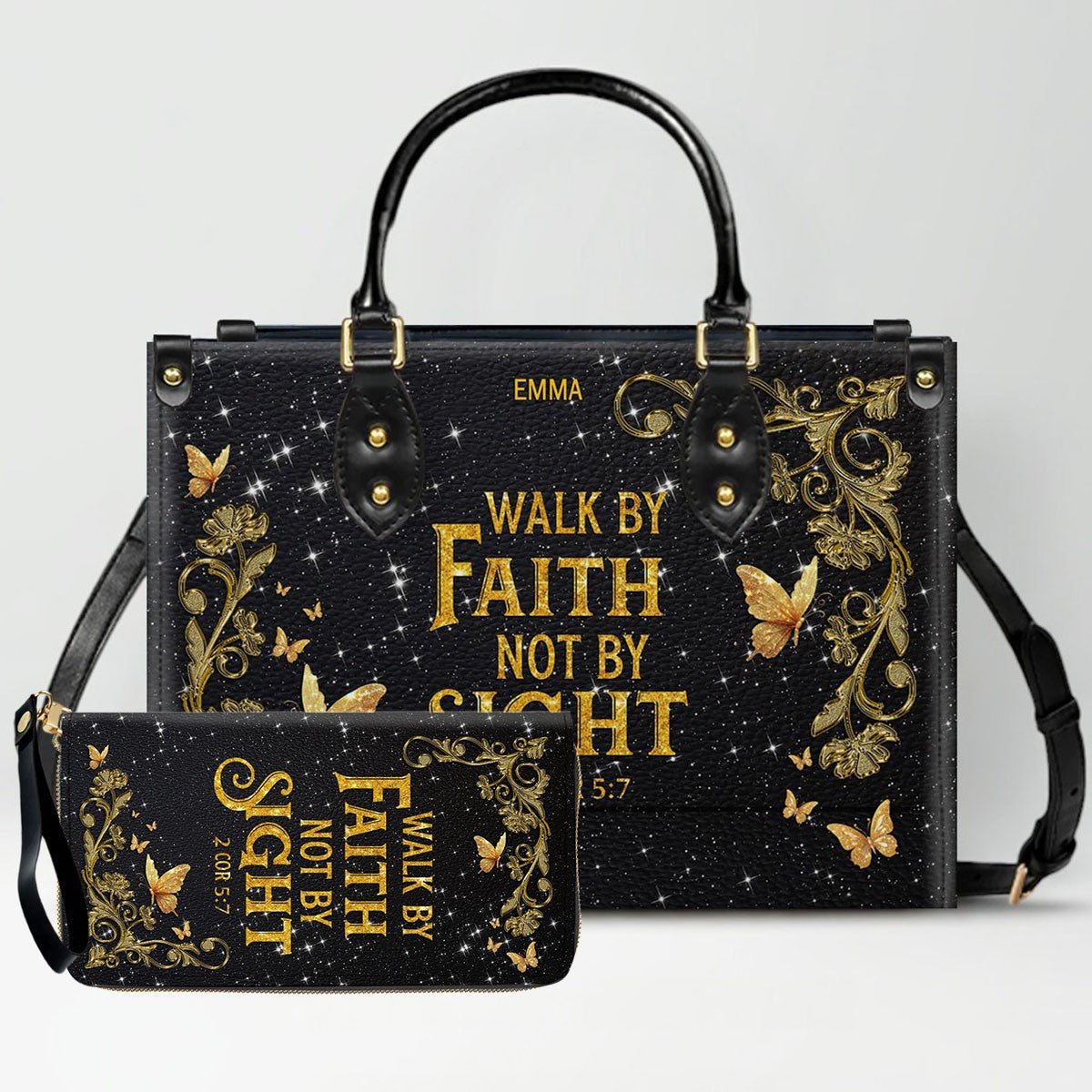 Personalized Christian Leather Handbag & Long Wallet Set | Custom Name & Bible Verse | ChristianArtBag CAB013126