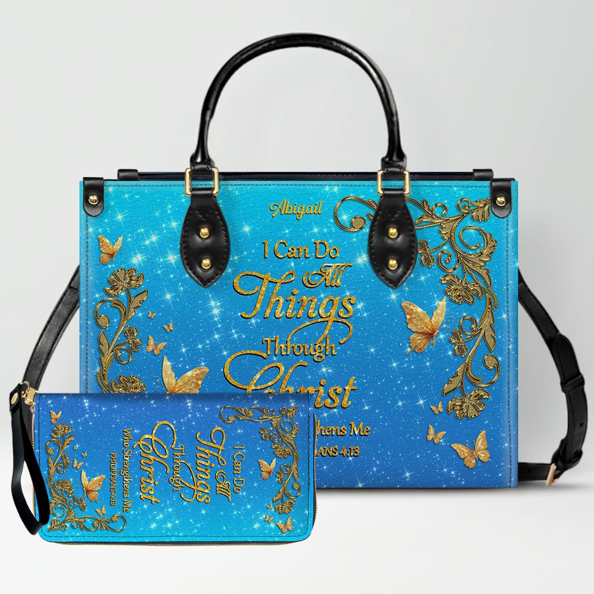 Personalized Christian Leather Handbag Set – Bible Verse Tote Bag & Matching Wallet for Women | Custom Name Gift CAB06030226