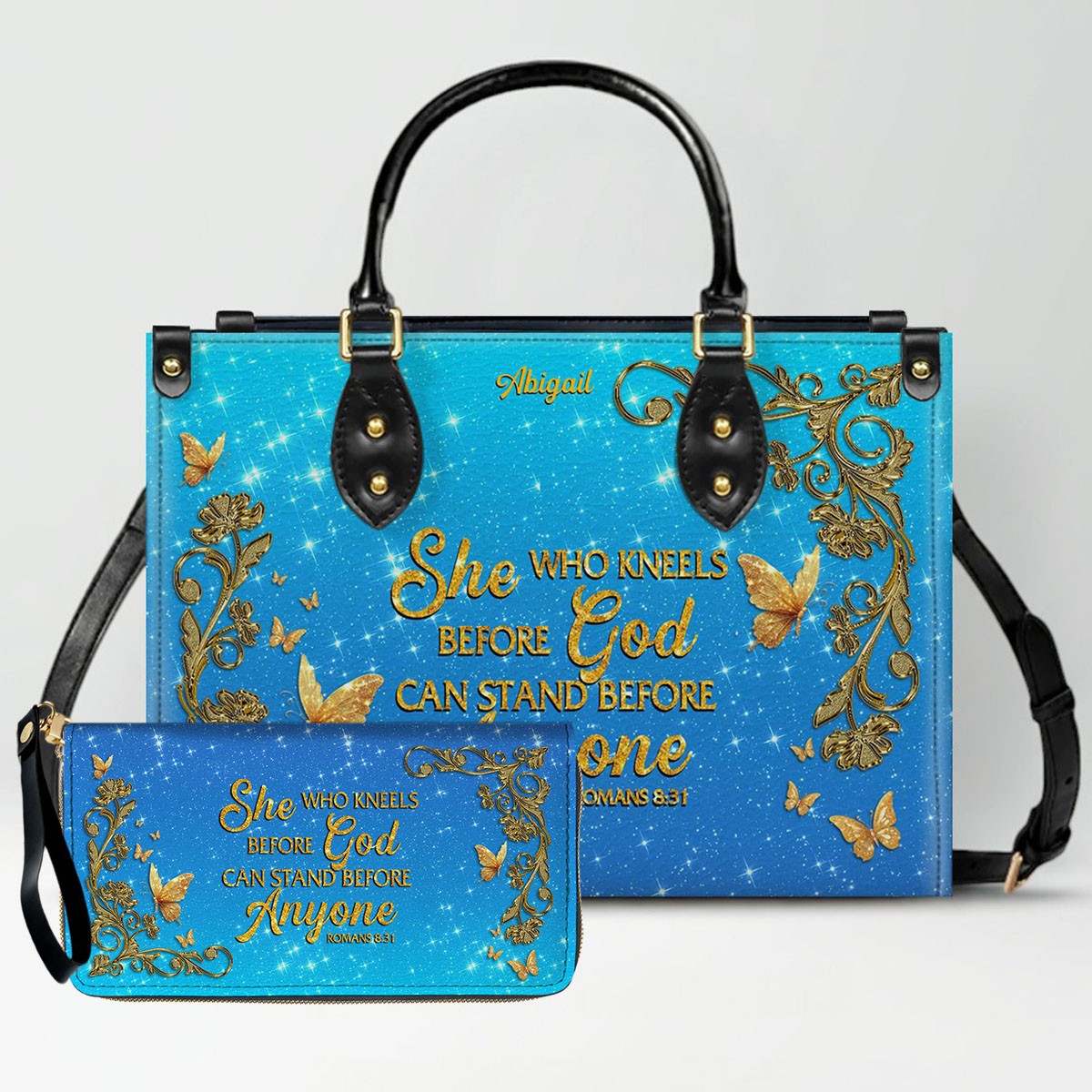 Personalized Christian Leather Handbag Set – Bible Verse Tote Bag & Matching Wallet for Women | Custom Name Gift CAB06030226