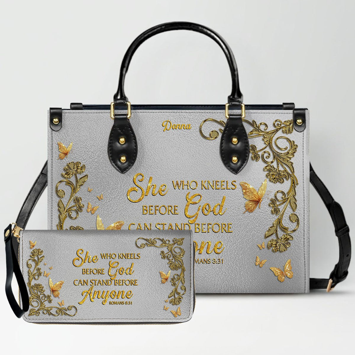 CHRISTIANARTBAG Personalized Leather Handbag & Long Wallet Set – Custom Name & Bible Verse Christian Purse Gift for Women - CAB01030226
