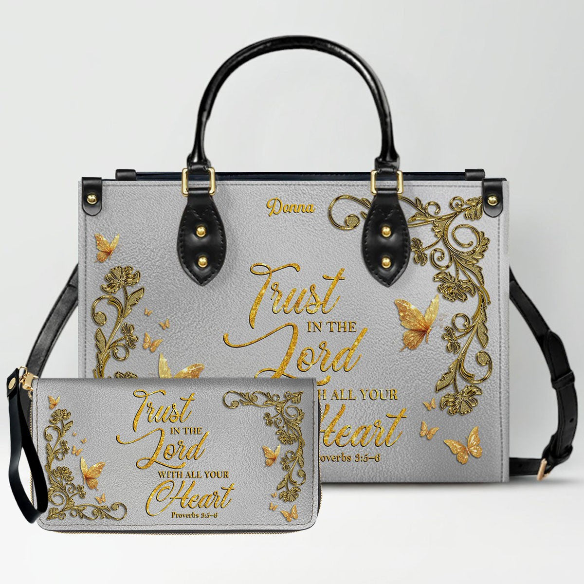 CHRISTIANARTBAG Personalized Leather Handbag & Long Wallet Set – Custom Name & Bible Verse Christian Purse Gift for Women - CAB01030226
