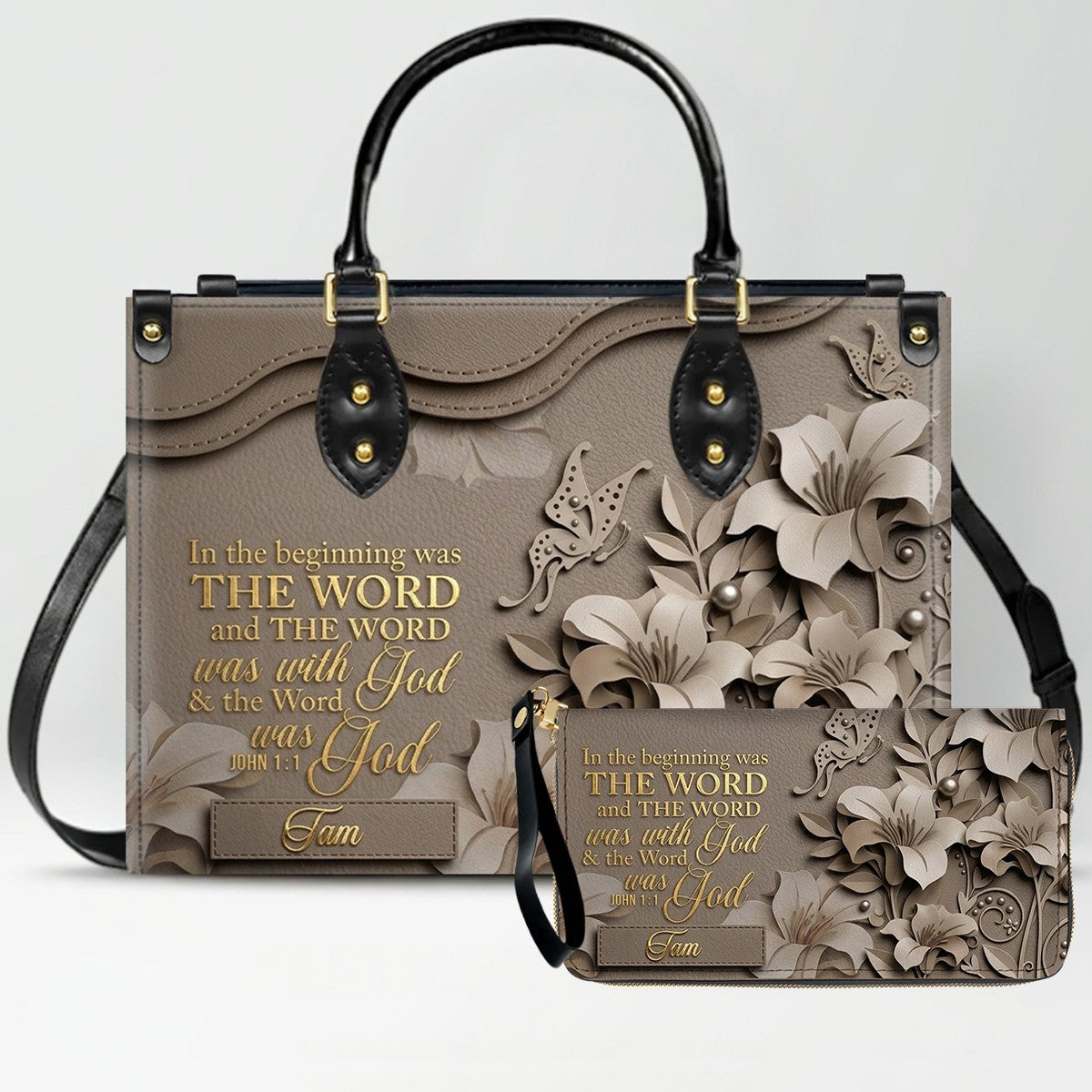 Custom Christian Leather Handbag with Name – John 1:1 Scripture Floral Purse | CHRISTIANARTBAG CA01100726