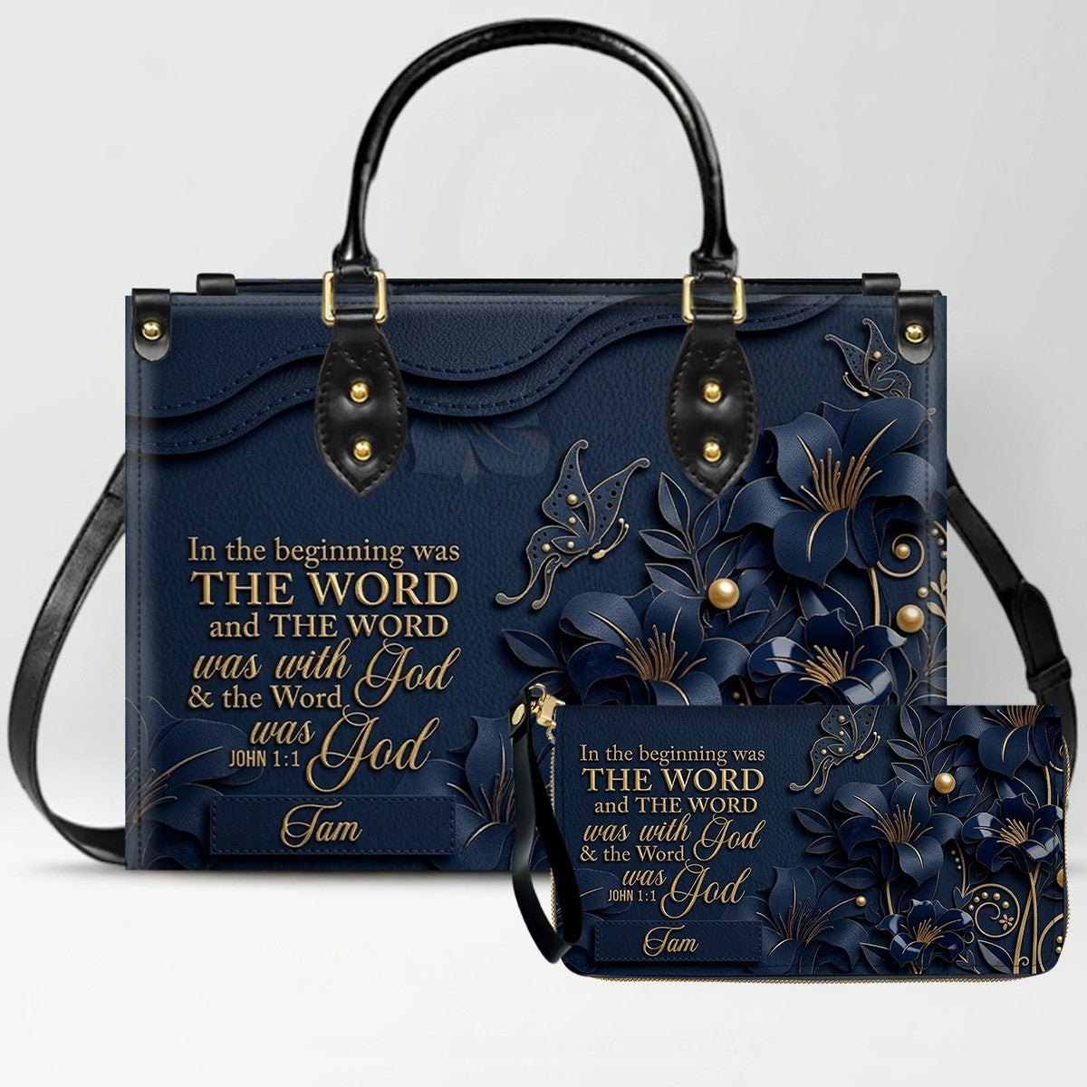 Custom Christian Leather Handbag with Name – John 1:1 Scripture Floral Purse | CHRISTIANARTBAG CA01100726