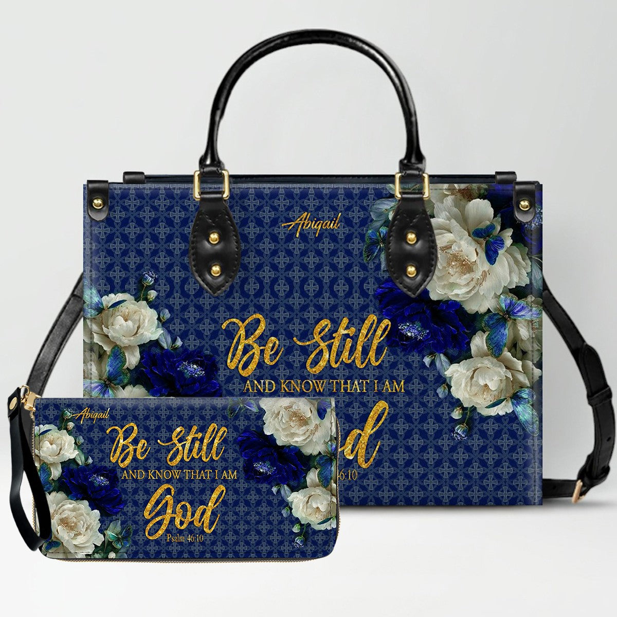 Personalized Christian Leather Handbag & Long Wallet Set – Custom Name Bible Verse Floral Blue Bag Gift for Women