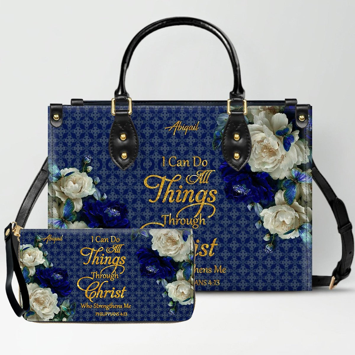 Personalized Christian Leather Handbag & Long Wallet Set – Custom Name Bible Verse Floral Blue Bag Gift for Women