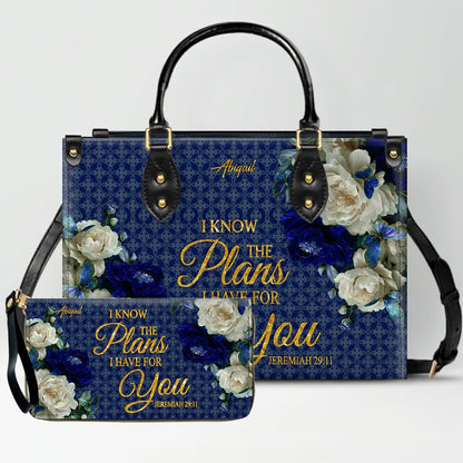 Personalized Christian Leather Handbag & Long Wallet Set – Custom Name Bible Verse Floral Blue Bag Gift for Women
