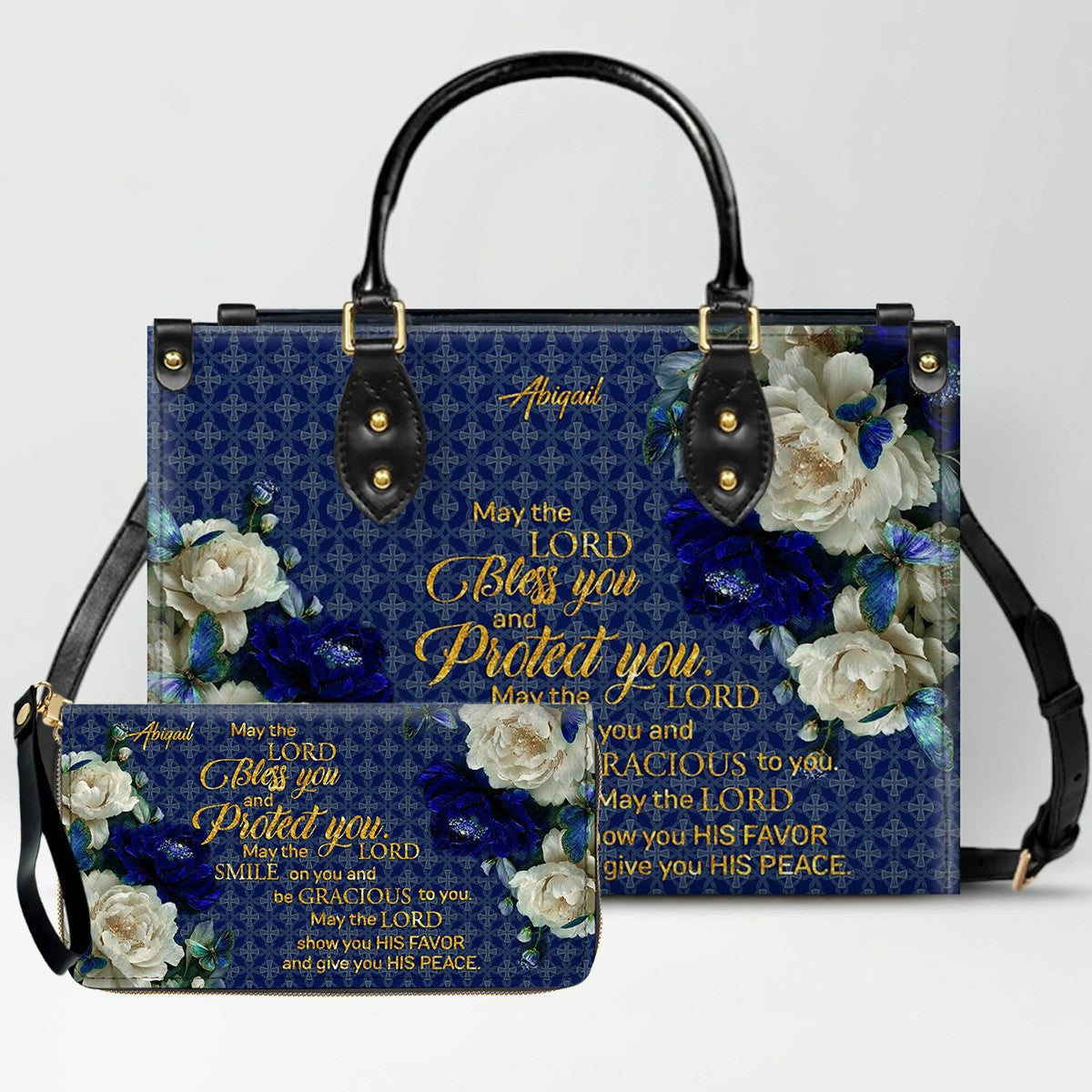 Personalized Christian Leather Handbag & Long Wallet Set – Custom Name Bible Verse Floral Blue Bag Gift for Women