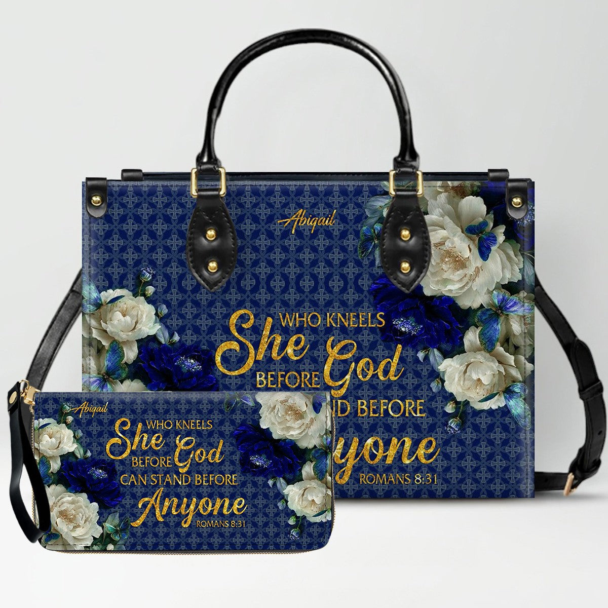 Personalized Christian Leather Handbag & Long Wallet Set – Custom Name Bible Verse Floral Blue Bag Gift for Women