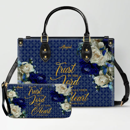 Personalized Christian Leather Handbag & Long Wallet Set – Custom Name Bible Verse Floral Blue Bag Gift for Women