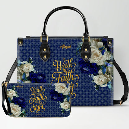 Personalized Christian Leather Handbag & Long Wallet Set – Custom Name Bible Verse Floral Blue Bag Gift for Women