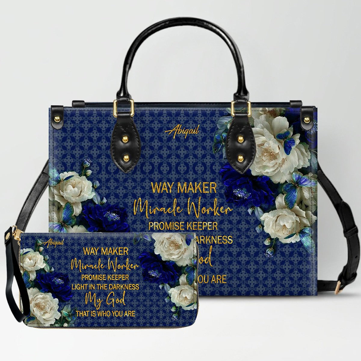 Personalized Christian Leather Handbag & Long Wallet Set – Custom Name Bible Verse Floral Blue Bag Gift for Women
