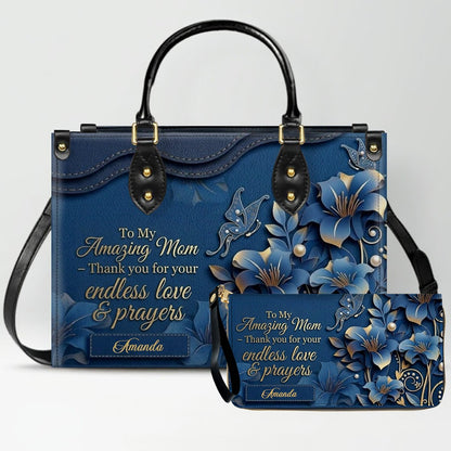 Personalized Mom Leather Handbag & Wallet Set – Custom Name Floral Butterfly Purse for Mother's Day Birthday Gift – CHRISTIANARTBAG CAB01100826