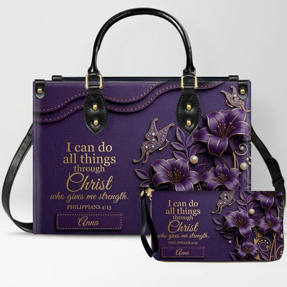 Personalized Leather Handbag - Custom Name Christian Bible Verse Philippians 4:13 Floral Butterfly Tote Bag | CHRISTIANARTBAG CA01101226