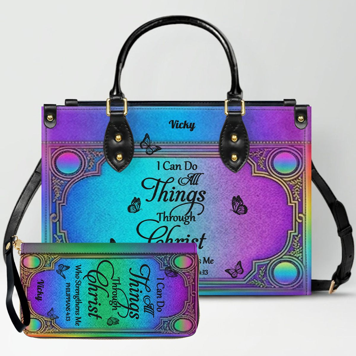 "I Can Do All Things" Inspirational Leather Bag & Wallet Set - Personalized Religious Gift - CHRISTIANARTBAG CAB0142326