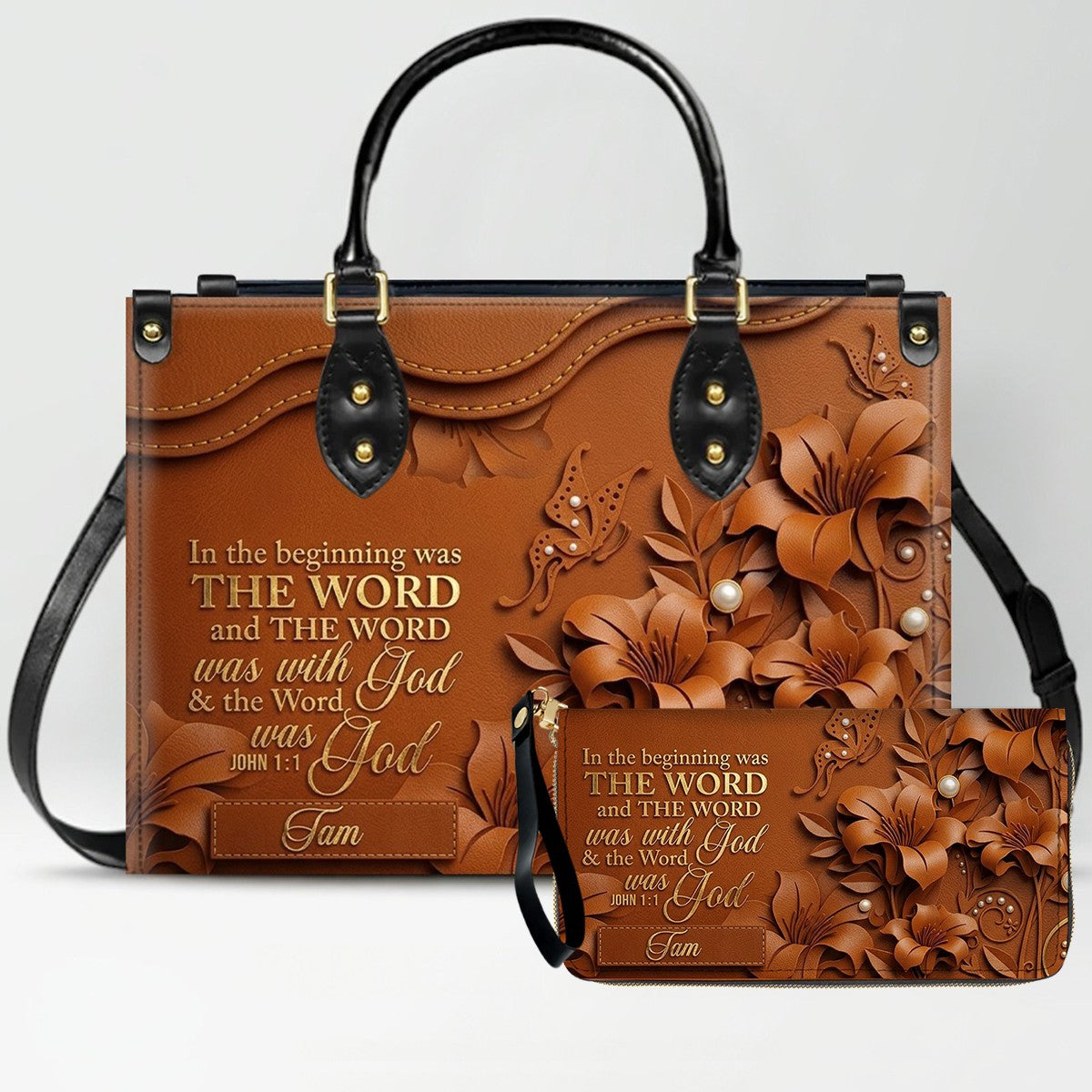 Custom Christian Leather Handbag with Name – John 1:1 Scripture Floral Purse | CHRISTIANARTBAG CA01100726
