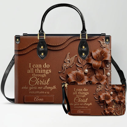 Personalized Leather Handbag - Custom Name Christian Bible Verse Philippians 4:13 Floral Butterfly Tote Bag | CHRISTIANARTBAG CA02100926
