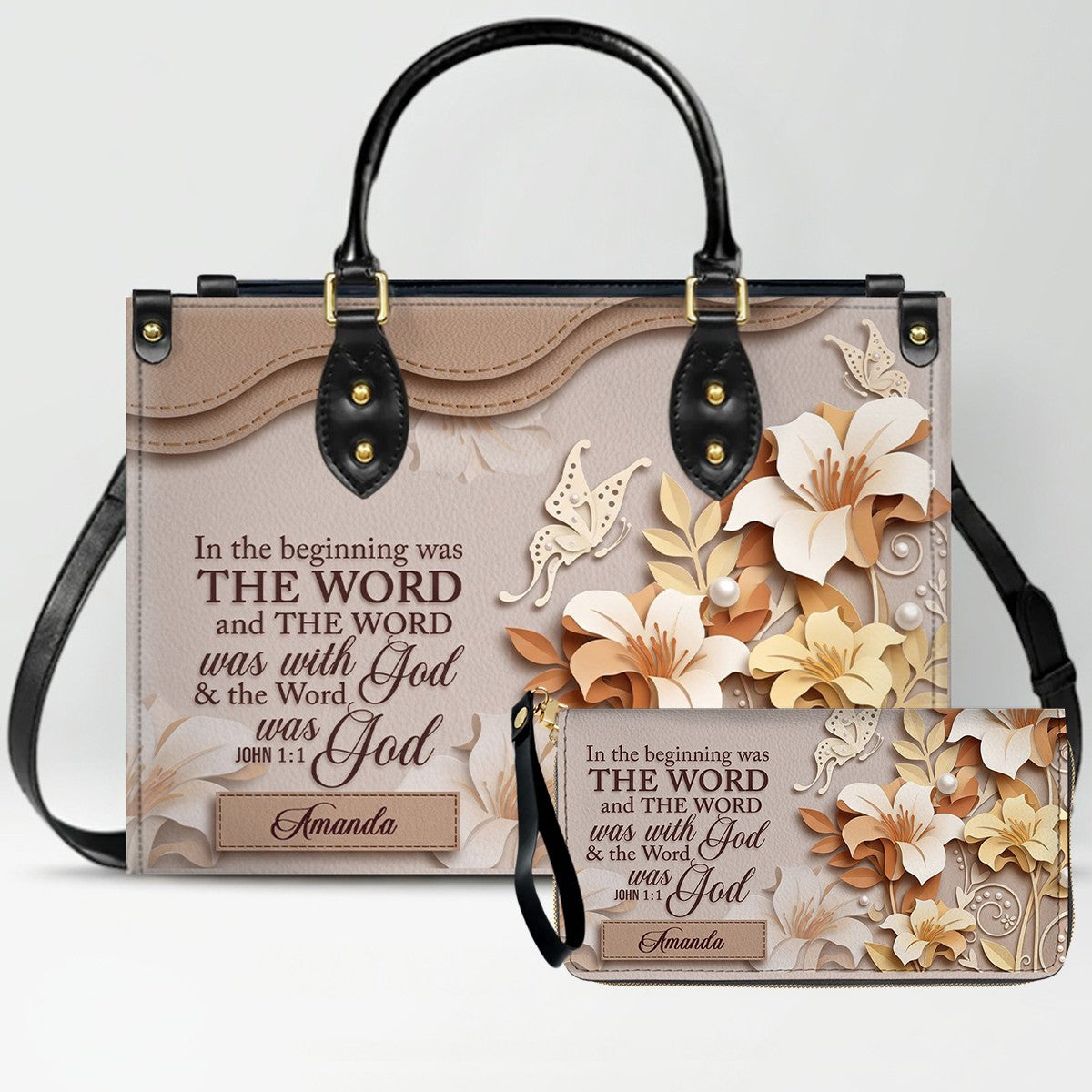 Custom Christian Leather Handbag with Name – John 1:1 Scripture Floral Purse | CHRISTIANARTBAG CA01100726