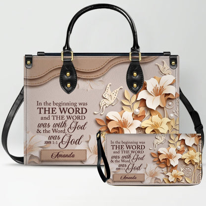 Custom Christian Leather Handbag with Name – John 1:1 Scripture Floral Purse | CHRISTIANARTBAG CA01100726