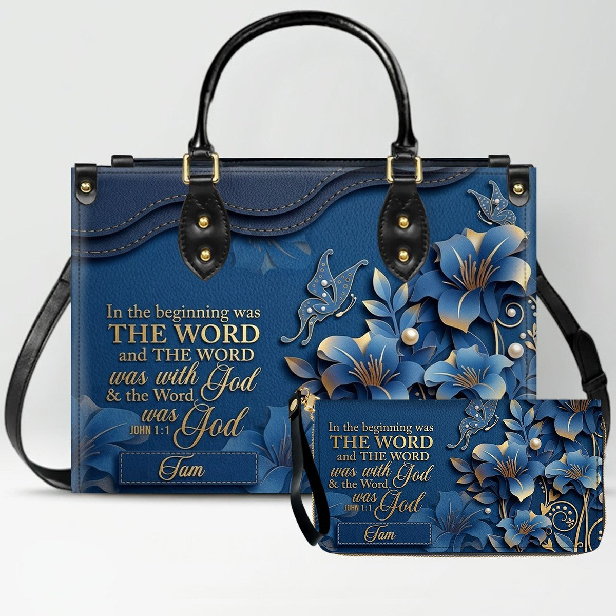 Custom Christian Leather Handbag with Name – John 1:1 Scripture Floral Purse | CHRISTIANARTBAG CA01100726