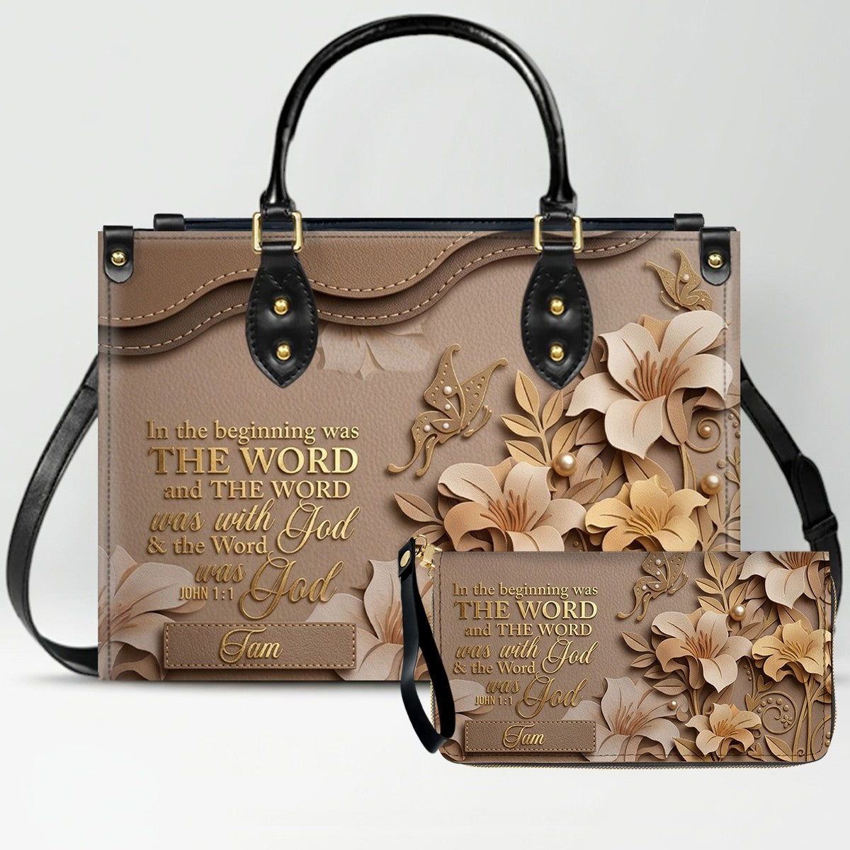 Custom Christian Leather Handbag with Name – John 1:1 Scripture Floral Purse | CHRISTIANARTBAG CA01100726