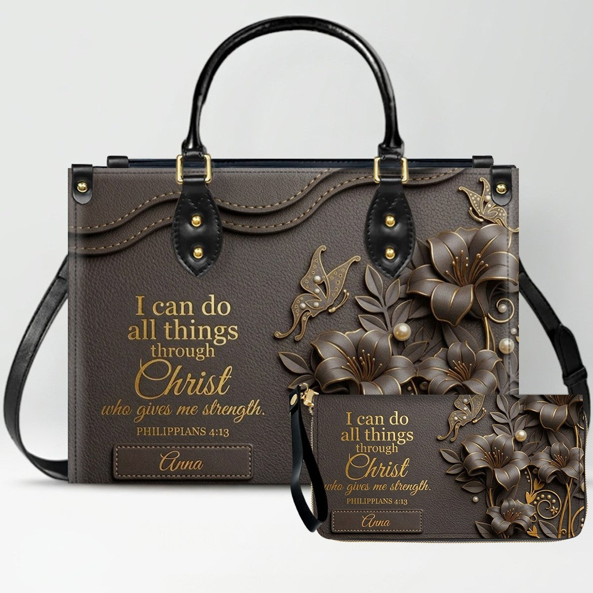 Personalized Leather Handbag - Custom Name Christian Bible Verse Philippians 4:13 Floral Butterfly Tote Bag | CHRISTIANARTBAG CA02100926