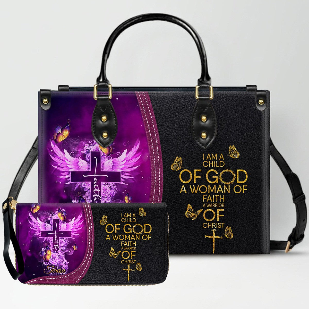 Personalized Christian Leather Handbag by CHRISTIANARTBAG - Custom Bible Verse Cross & Wings Design - Faith-Based Gift for Women CAB0141726
