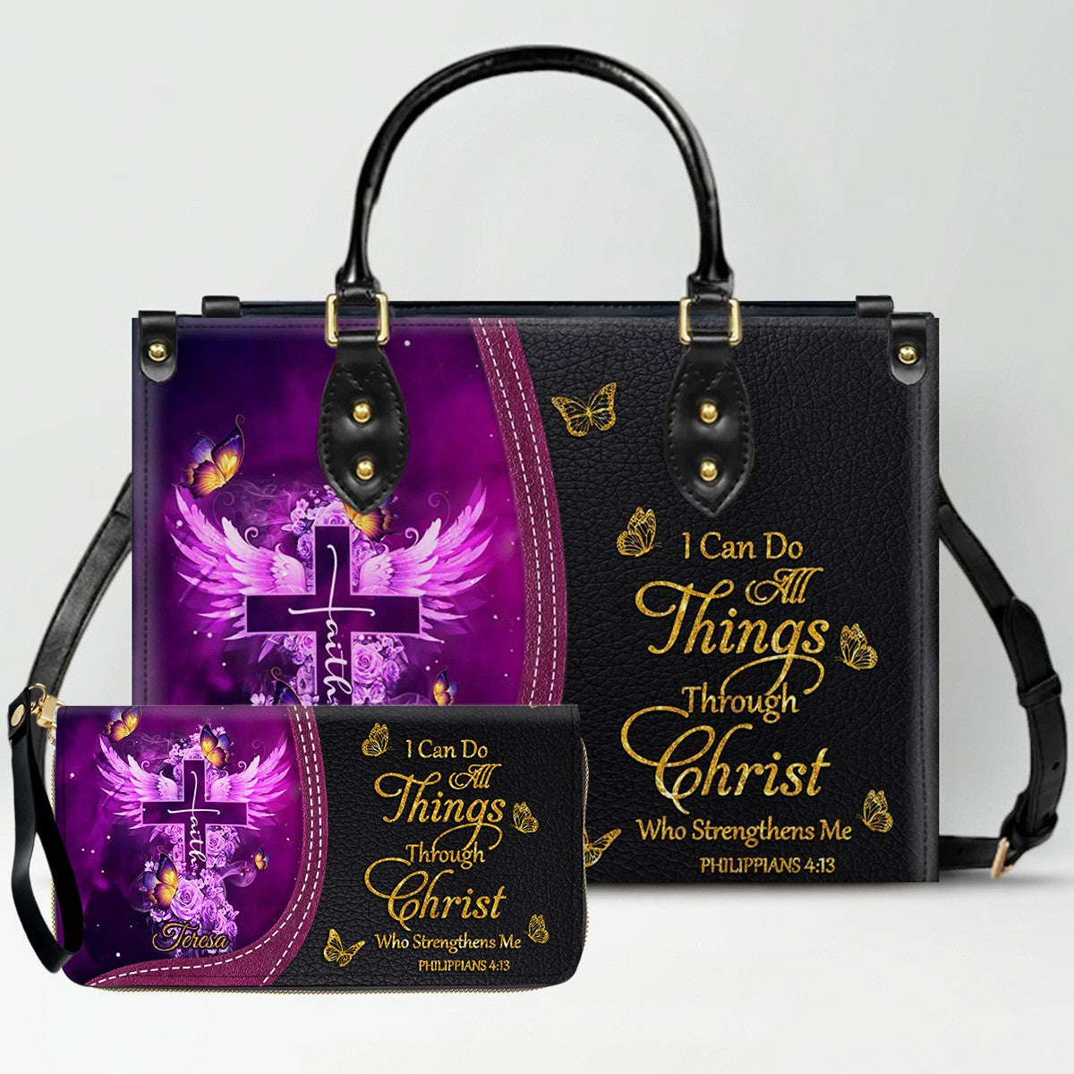 Personalized Christian Leather Handbag by CHRISTIANARTBAG - Custom Bible Verse Cross & Wings Design - Faith-Based Gift for Women CAB0141726