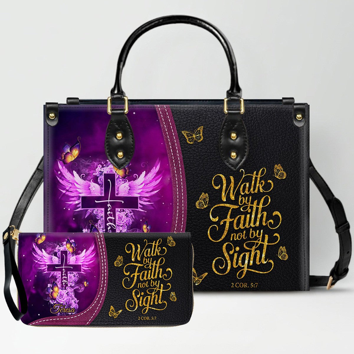 Personalized Christian Leather Handbag by CHRISTIANARTBAG - Custom Bible Verse Cross & Wings Design - Faith-Based Gift for Women CAB0141726