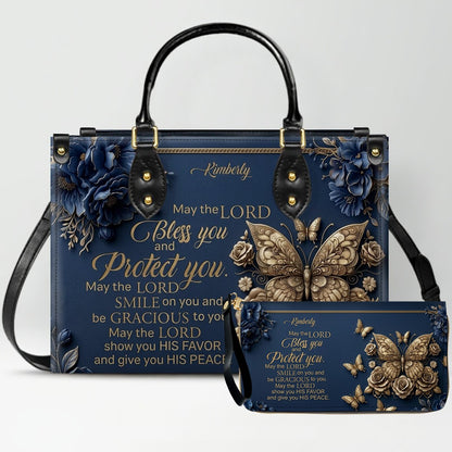 CHRISTIANARTBAG Personalized Leather Handbag, Custom Name & Color, "May The Lord Bless You" Butterfly & Floral Design, Luxury Christian Tote Bag CAB01072226