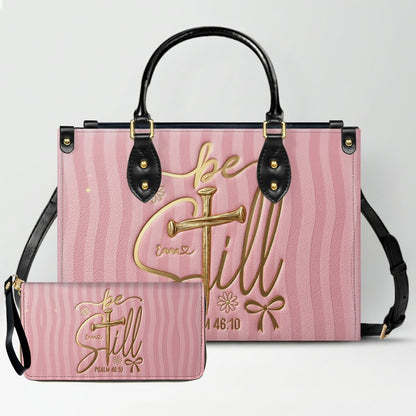 Personalized Be Still Psalm 46:10 Cross Leather Handbag for Women - CHRISTIANARTBAG | Custom Faith Purse in Pink CAB01100526
